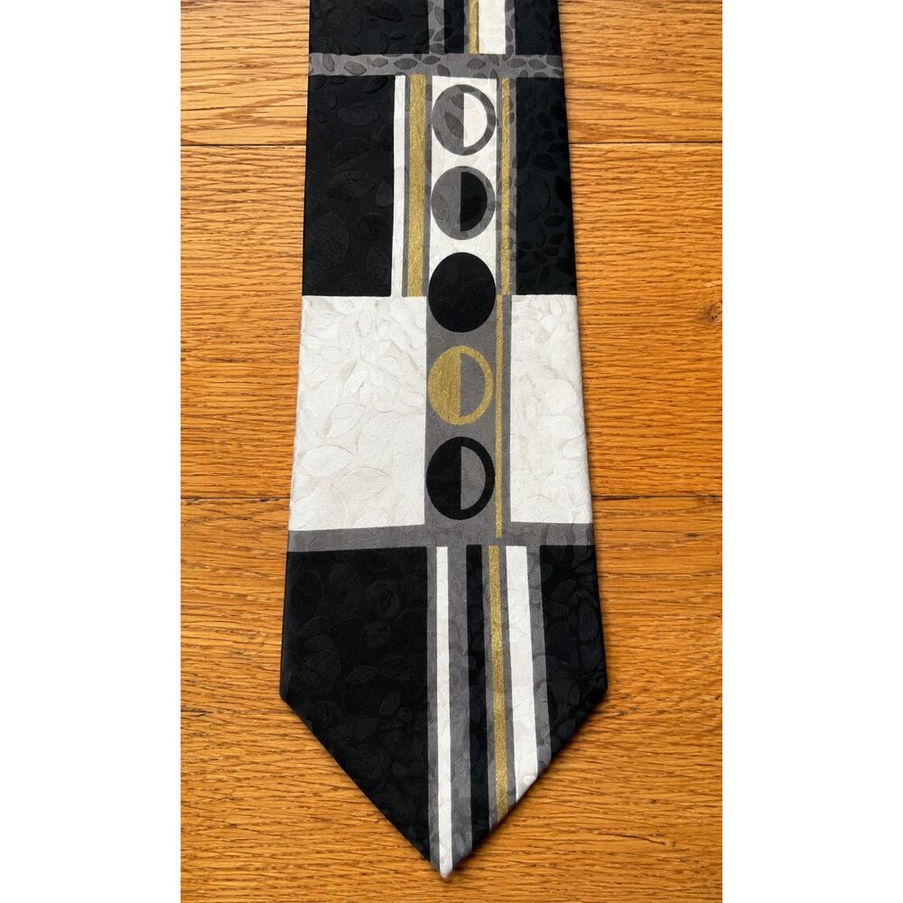 Vintage Fratelli Moda Italy 100% Silk Tie Black Gray Gold Geometric